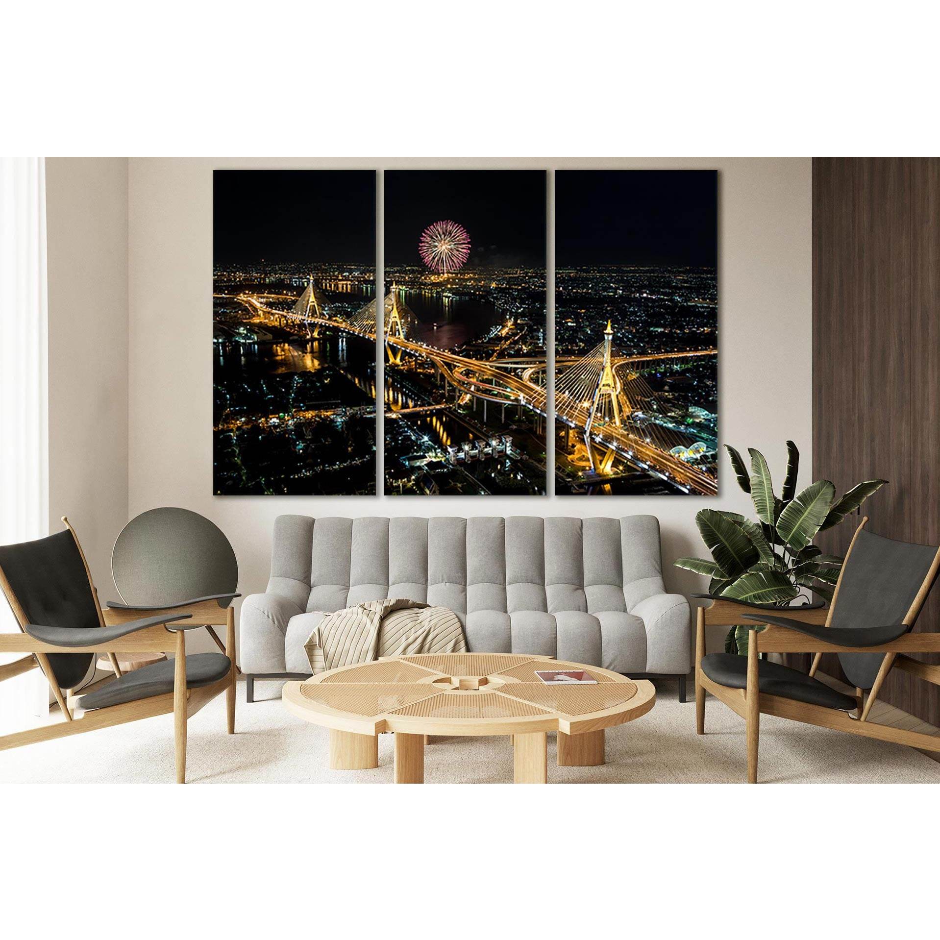 Bangkok Fireworks Night Cityscape №SL360 Ready to Hang Canvas Print - Zellart Canvas Prints 0new, ALL_Products, Cityscapes & Skylines
