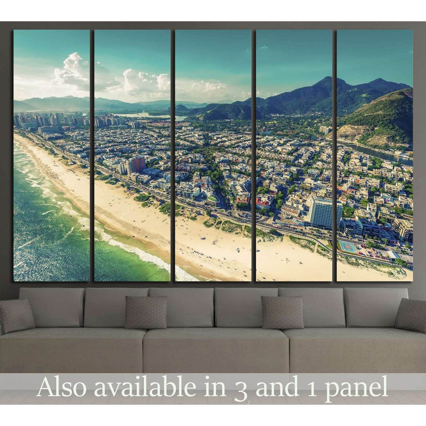 Aerial Barra da Tijuca beach canvas print above sofa with Rio coastline and mountains