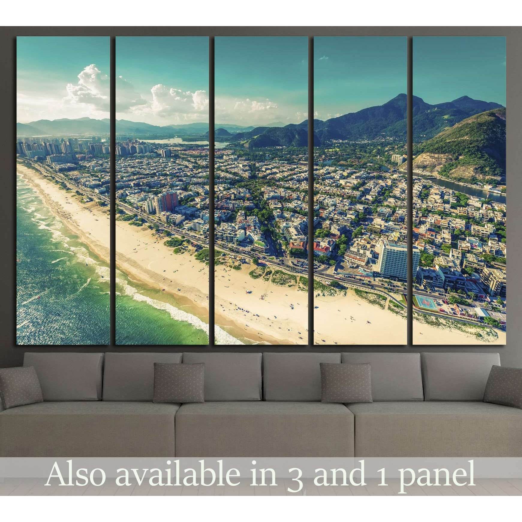 Aerial Barra da Tijuca beach canvas print above sofa with Rio coastline and mountains