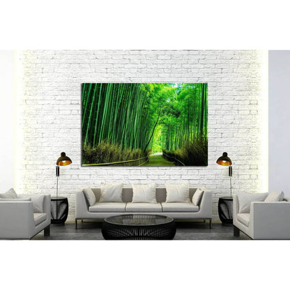 Japanese Bamboo Forest Artwork for Meditation Space DecorThis canvas print captures the enchanting Arashiyama Bamboo Forest in Kyoto, where towering green stalks create a naturally architectured hallway that invites the viewer into a serene, almost otherw
