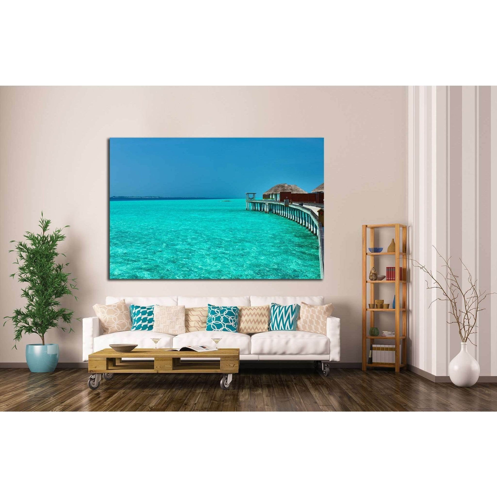 Beautiful beach with water bungalows at Maldives №1817 Ready to Hang Canvas Print - Zellart Canvas Prints ALL_Products, s-1817