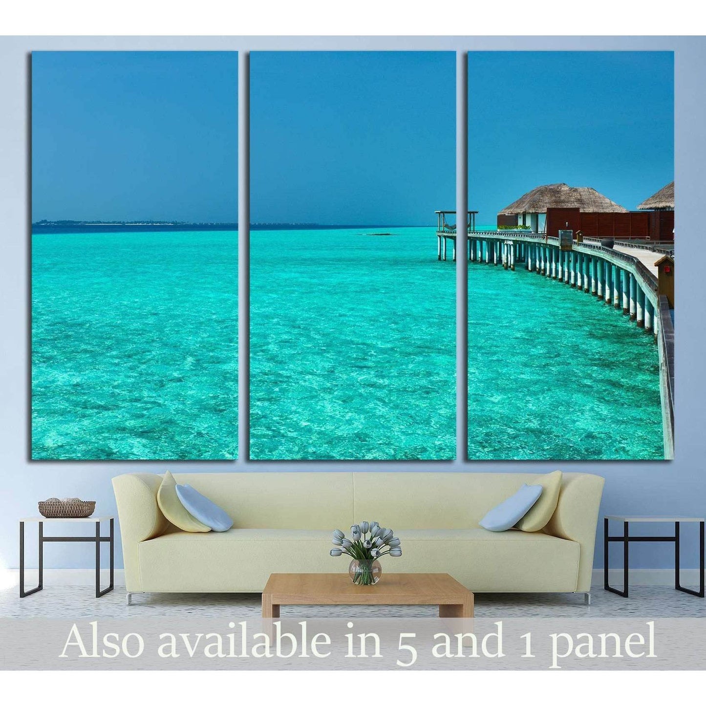 Beautiful beach with water bungalows at Maldives №1817 Ready to Hang Canvas Print - Zellart Canvas Prints ALL_Products, s-1817