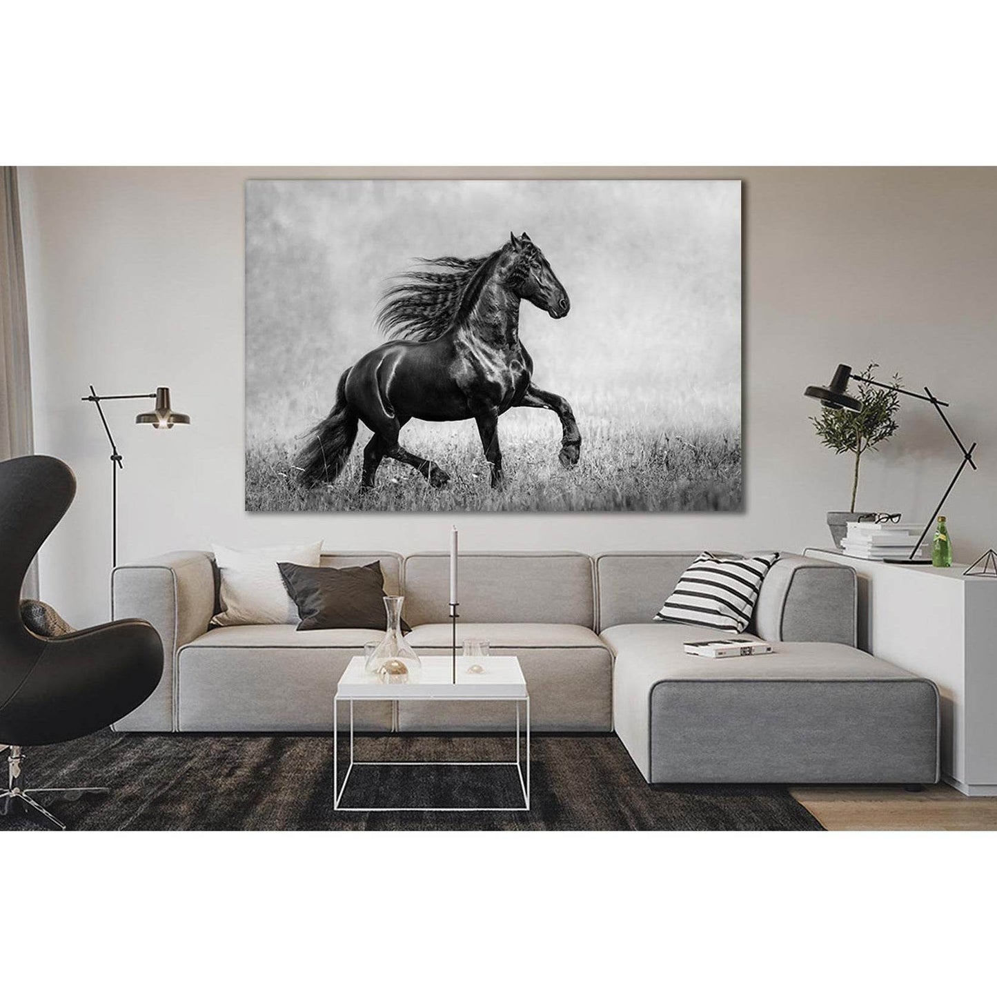 Beautiful Black Horse Black and White №SL858 Ready to Hang Canvas Print - Zellart Canvas Prints 0new, ALL_Products, Black & White Wall Art