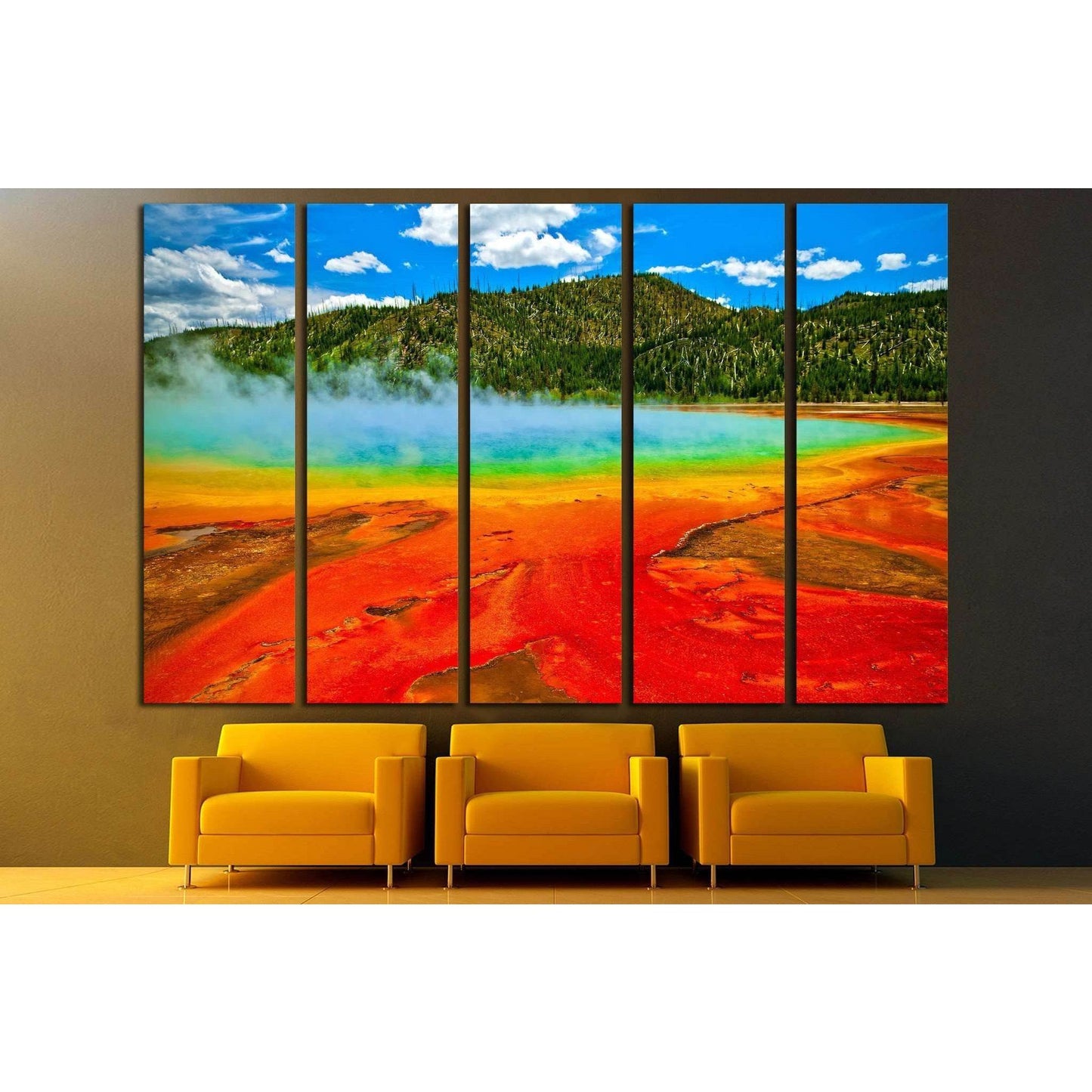 Beautiful cerulean geyser surrounded by colorful layers of bacteria, against cloudy blue sky №1960 Ready to Hang Canvas Print - Zellart Canvas Prints ALL_Products, s-1960