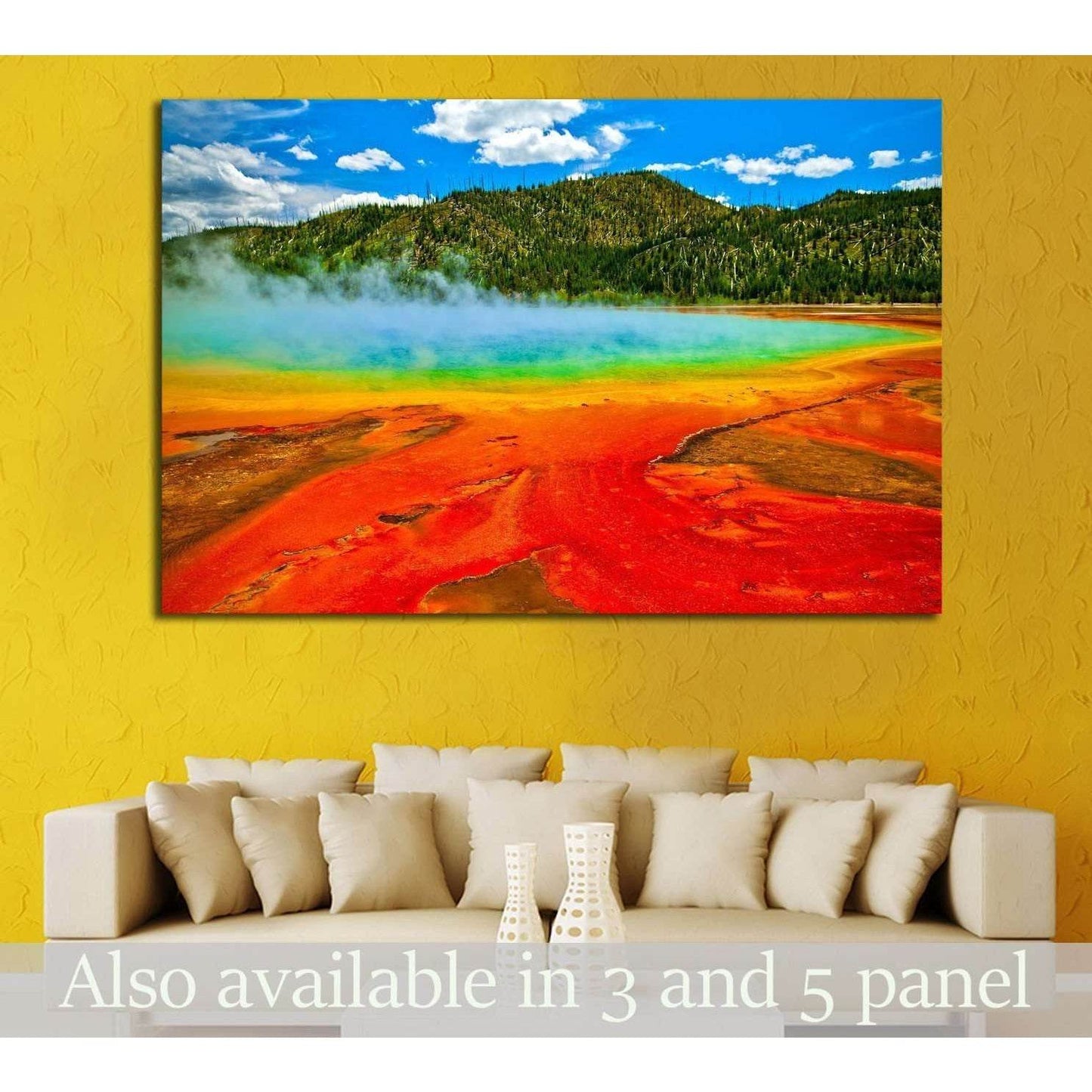 Beautiful cerulean geyser surrounded by colorful layers of bacteria, against cloudy blue sky №1960 Ready to Hang Canvas PrintCanvas art arrives ready to hang, with hanging accessories included and no additional framing required. Every canvas print is hand