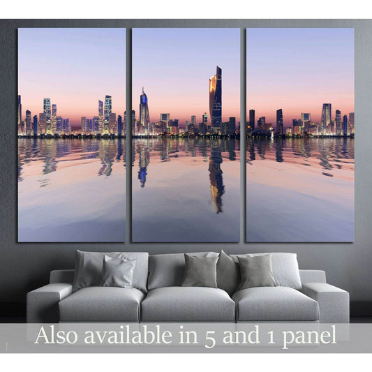 Kuwait City skyline triptych canvas print with pastel dawn sky and mirrored water reflection