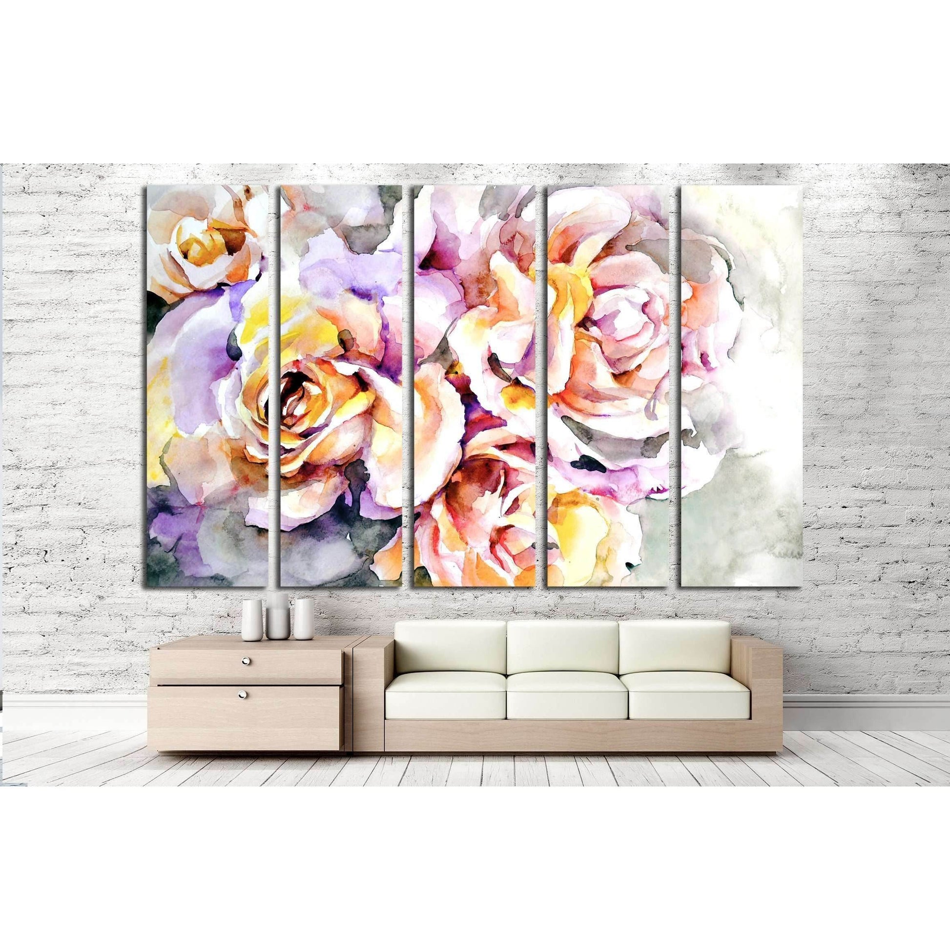 Beautiful flowers - Delicate yellow and pink roses on gray and blue background №2561 Ready to Hang Canvas PrintCanvas art arrives ready to hang, with hanging accessories included and no additional framing required. Every canvas print is hand-crafted, made