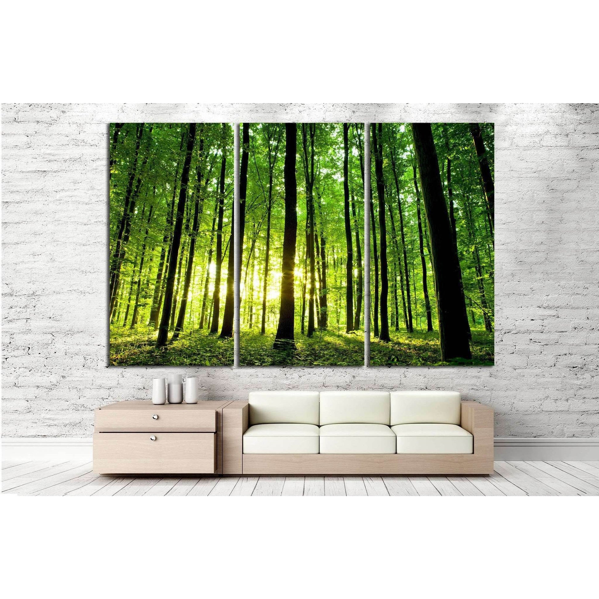 Lively Green Woodland Wall Art for Bright Office SpacesThis canvas print features a sun-drenched forest, offering a lively and refreshing ambiance to any room. Its vibrant greens and sunlit backdrop make it ideal for living rooms or offices looking to add