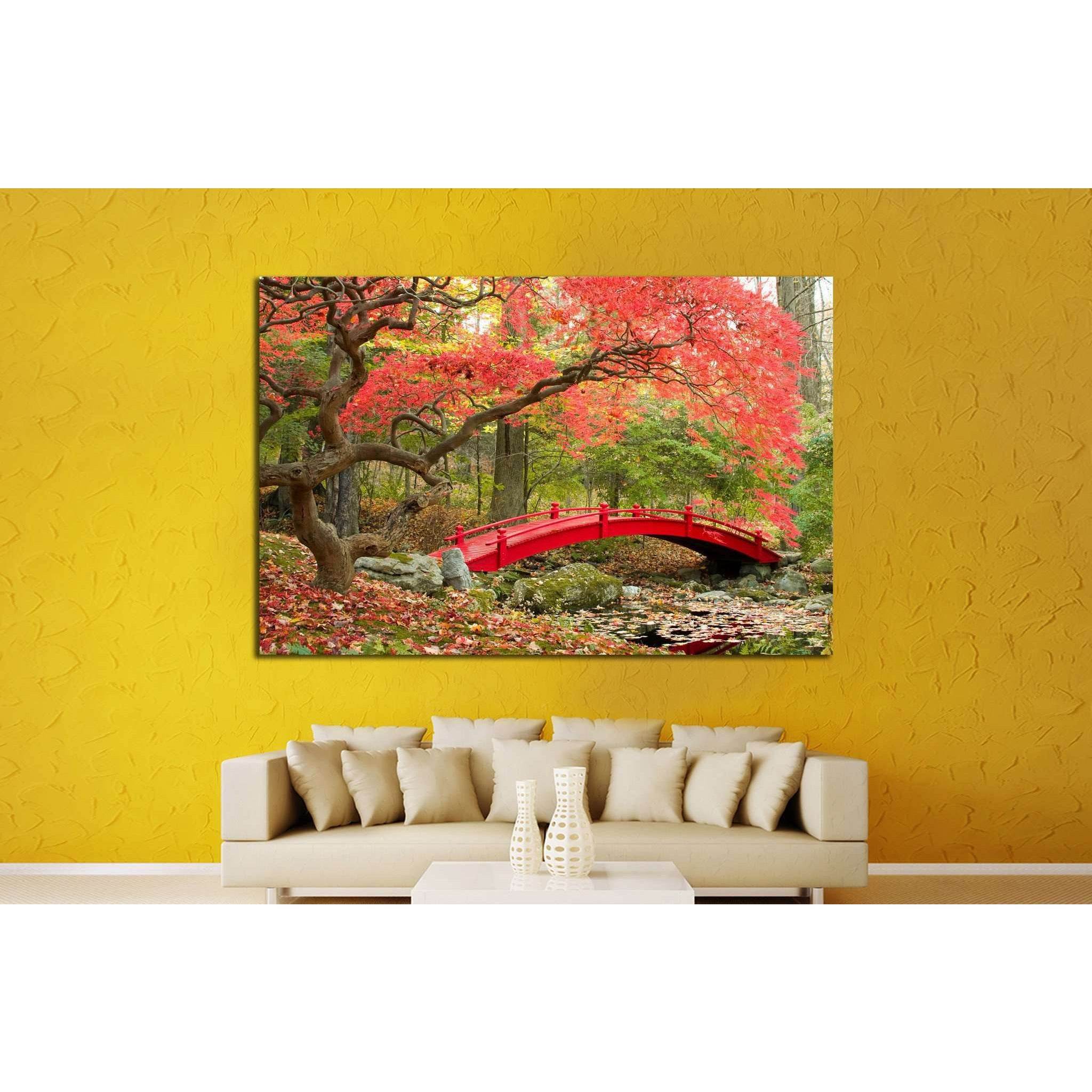 Beautiful Japanese Garden and red bridge №1444 Ready to Hang Canvas Print