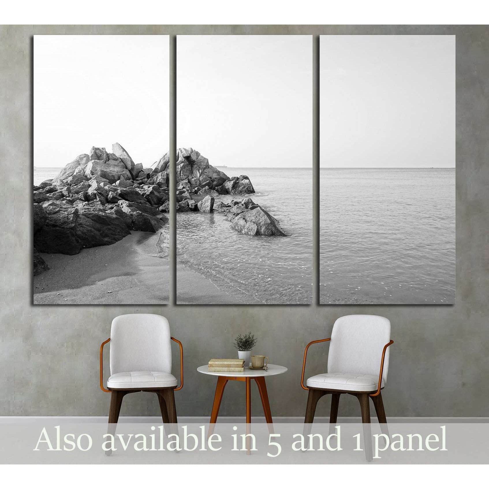 Beautiful long exposure shot of seascape with unique rock seaside in black and white №3146 Ready to Hang Canvas PrintCanvas art arrives ready to hang, with hanging accessories included and no additional framing required. Every canvas print is hand-crafted