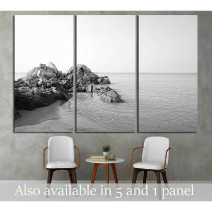 Beautiful long exposure shot of seascape with unique rock seaside in black and white №3146 Ready to Hang Canvas PrintCanvas art arrives ready to hang, with hanging accessories included and no additional framing required. Every canvas print is hand-crafted