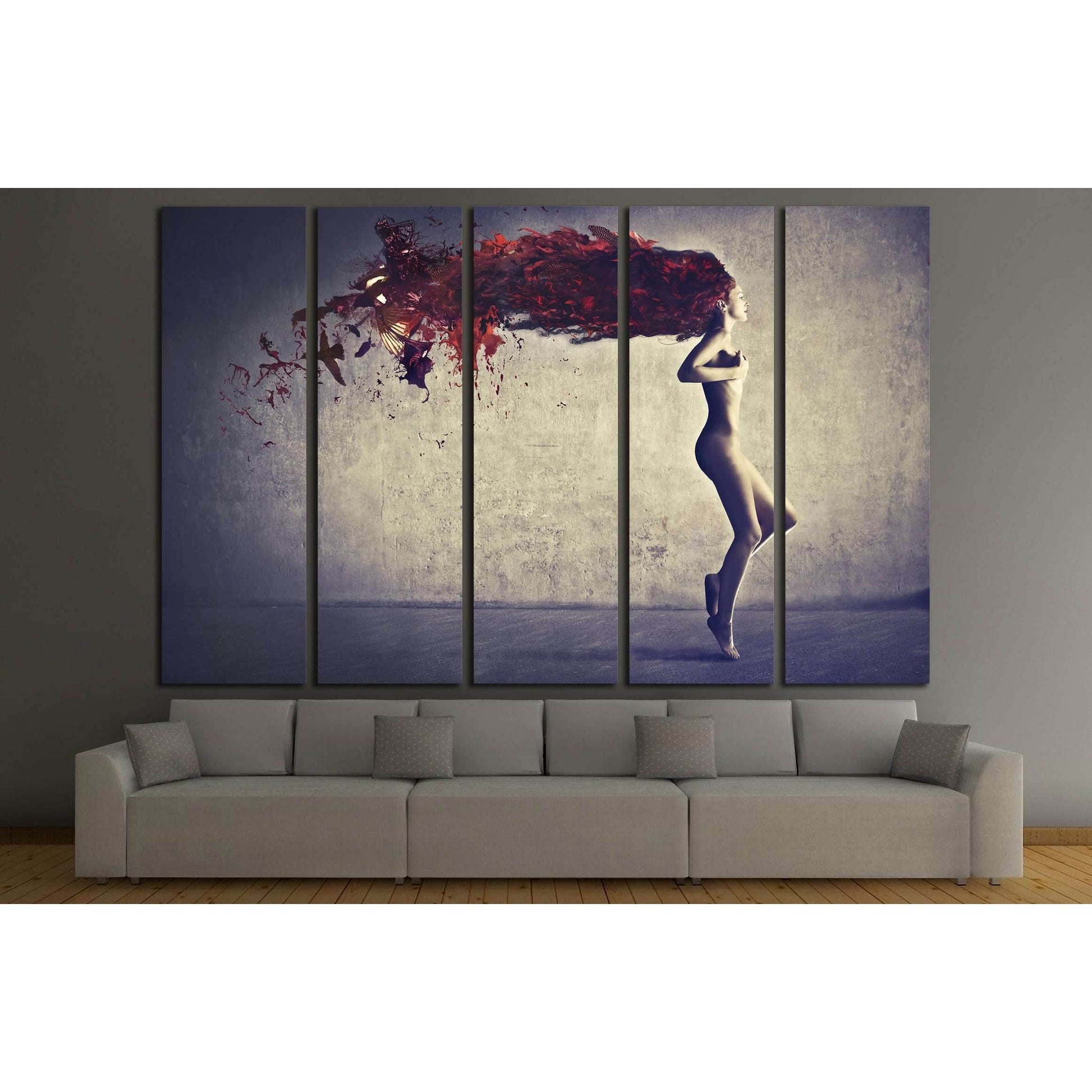 Beautiful naked young woman with her hair transforming in bird feathers №2772 Ready to Hang Canvas Print - Zellart Canvas Prints 000Negative, ALL_Products, autopostr_pinterest_64952, s-2772