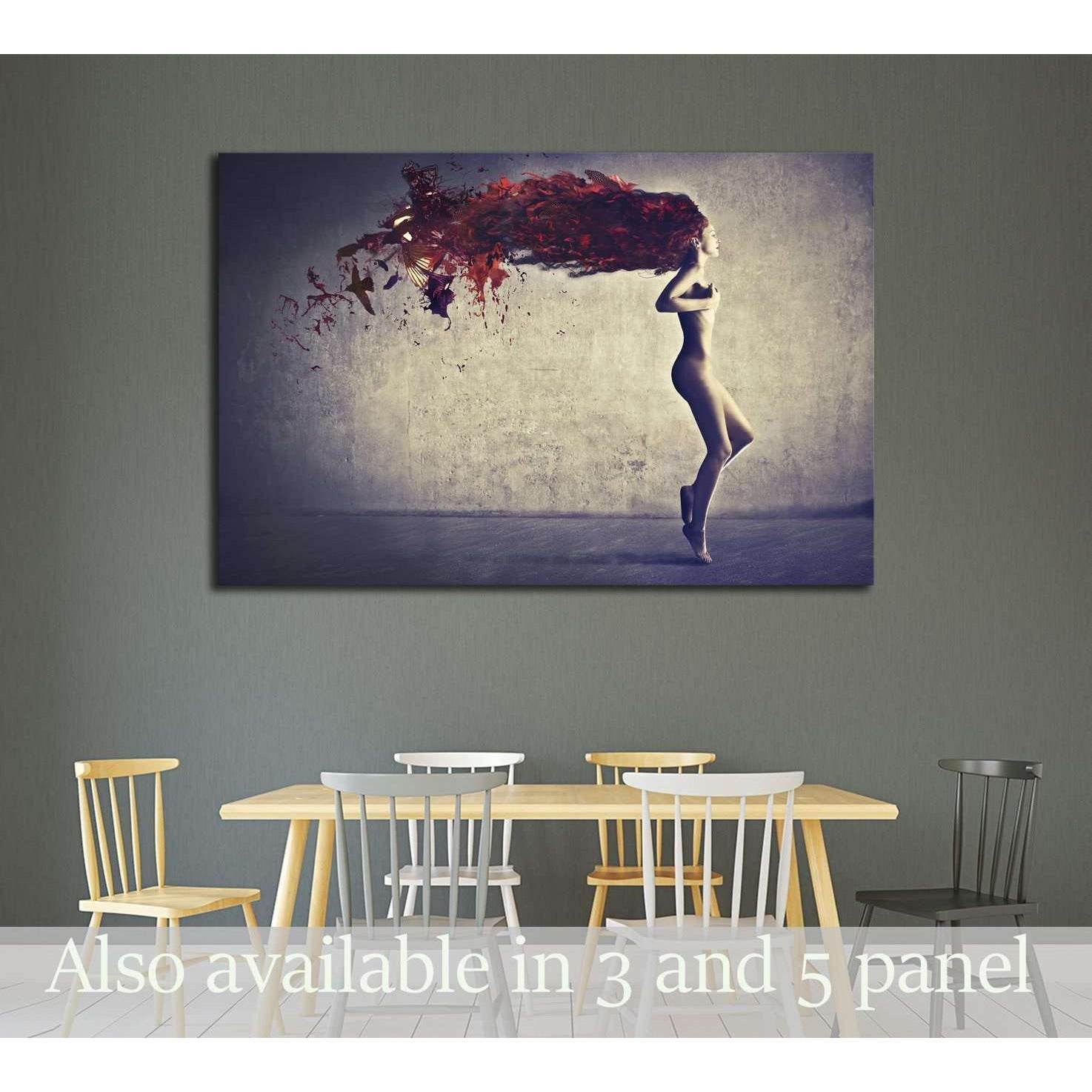 Beautiful naked young woman with her hair transforming in bird feathers №2772 Ready to Hang Canvas Print - Zellart Canvas Prints 000Negative, ALL_Products, autopostr_pinterest_64952, s-2772