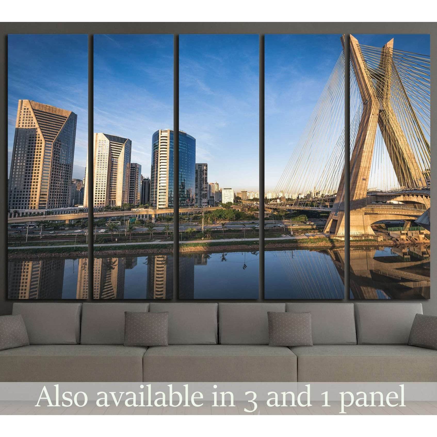 Sao Paulo Ponte Estaiada bridge canvas print with skyline above sofa in modern living room