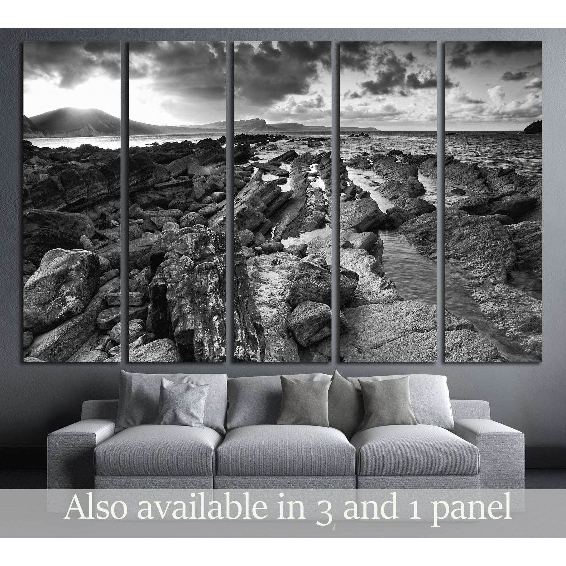 Beautiful sunrise landscape over Mupe Bay on Jurassic Coast in Dorset, England black and white №2872 Ready to Hang Canvas Print - Zellart Canvas Prints ALL_Products, s-2872