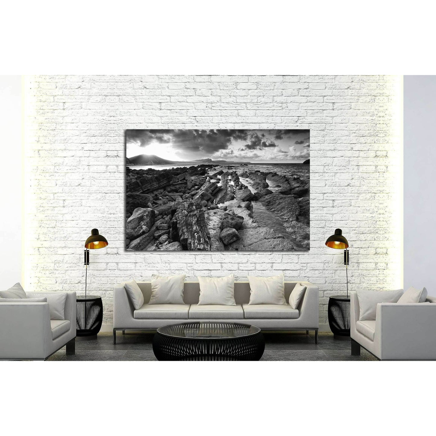 Beautiful sunrise landscape over Mupe Bay on Jurassic Coast in Dorset, England black and white №2872 Ready to Hang Canvas Print - Zellart Canvas Prints ALL_Products, s-2872