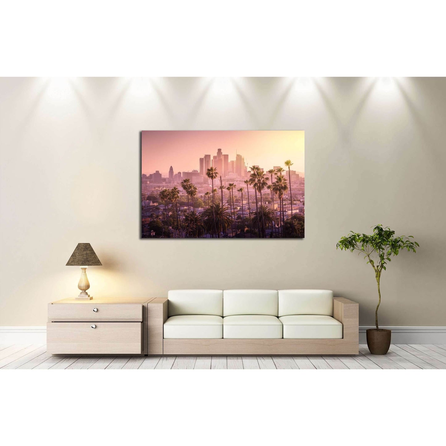 Beautiful sunset of Los Angeles downtown skyline and palm trees in foreground №2708 Ready to Hang Canvas PrintCanvas art arrives ready to hang, with hanging accessories included and no additional framing required. Every canvas print is hand-crafted, made