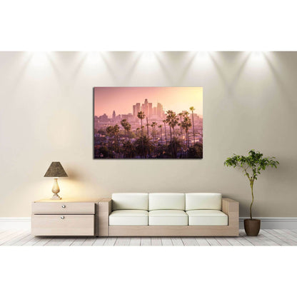 Beautiful sunset of Los Angeles downtown skyline and palm trees in foreground №2708 Ready to Hang Canvas PrintCanvas art arrives ready to hang, with hanging accessories included and no additional framing required. Every canvas print is hand-crafted, made