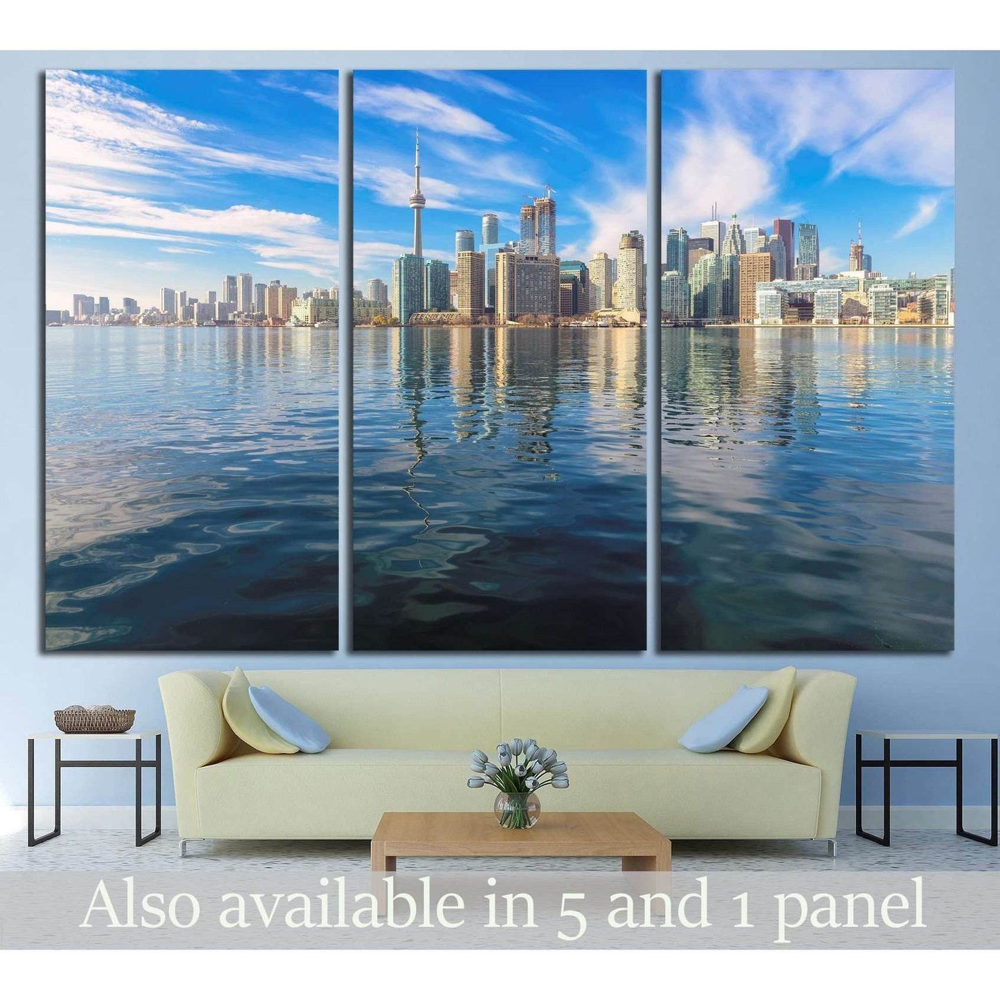 Toronto skyline triptych canvas print with CN Tower over Lake Ontario in a modern living room