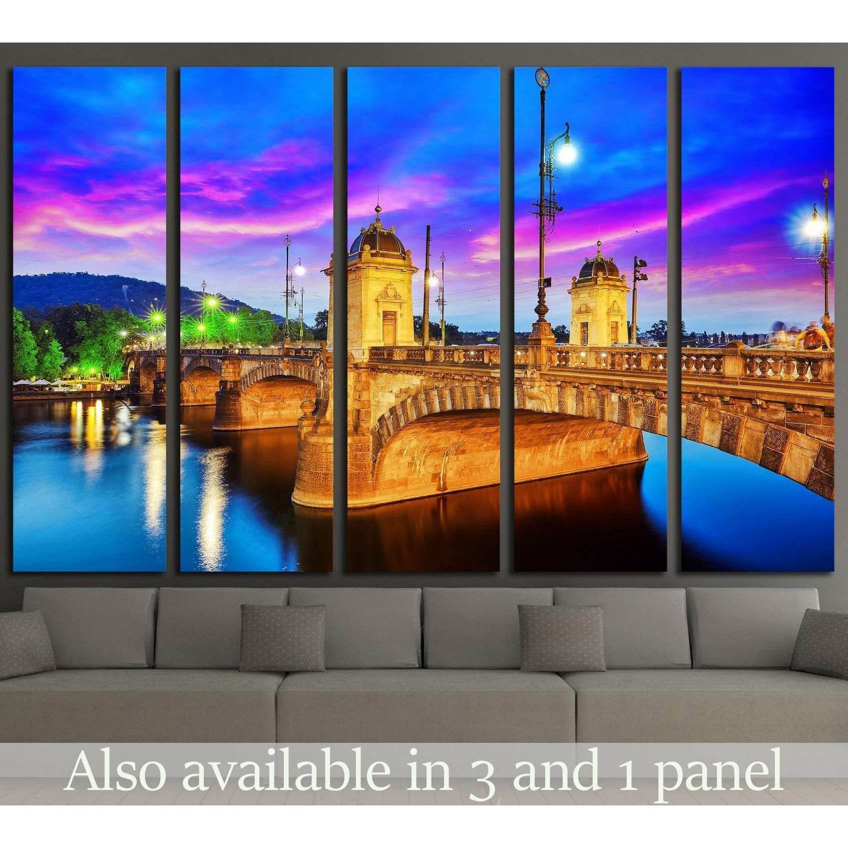 Beautiful view Old Bridge Legii (Most Legii) from the waterfront of the Vltava River.Prague.Czech Republic №2304 Ready to Hang Canvas PrintCanvas art arrives ready to hang, with hanging accessories included and no additional framing required. Every canvas
