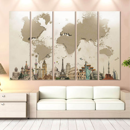 Beige 3D Effect World Map Ready to Hang Canvas Print №702 - Zellart Canvas Prints 703, ALL_Products