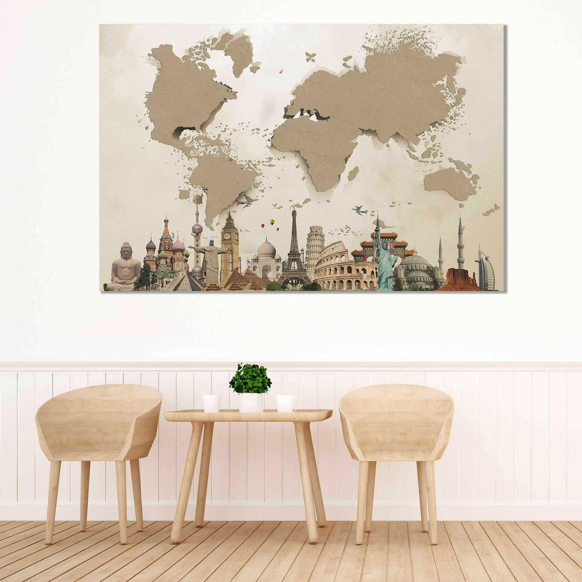 Beige 3D Effect World Map Ready to Hang Canvas Print №702 - Zellart Canvas Prints 703, ALL_Products