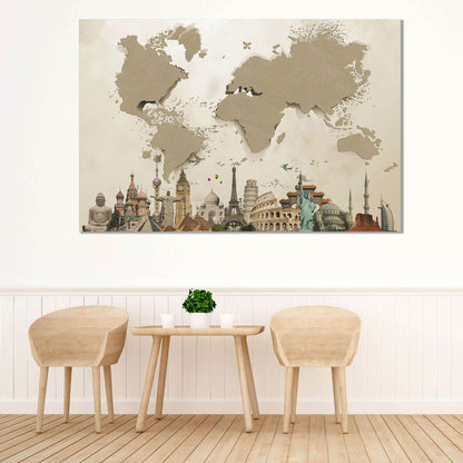 Beige 3D Effect World Map Ready to Hang Canvas Print №702 - Zellart Canvas Prints 703, ALL_Products