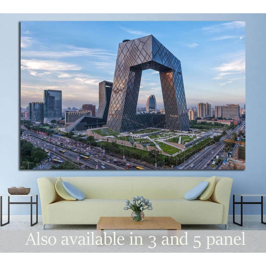 Beijing CCTV Headquarters canvas print with modern skyline view at dusk above a sofa