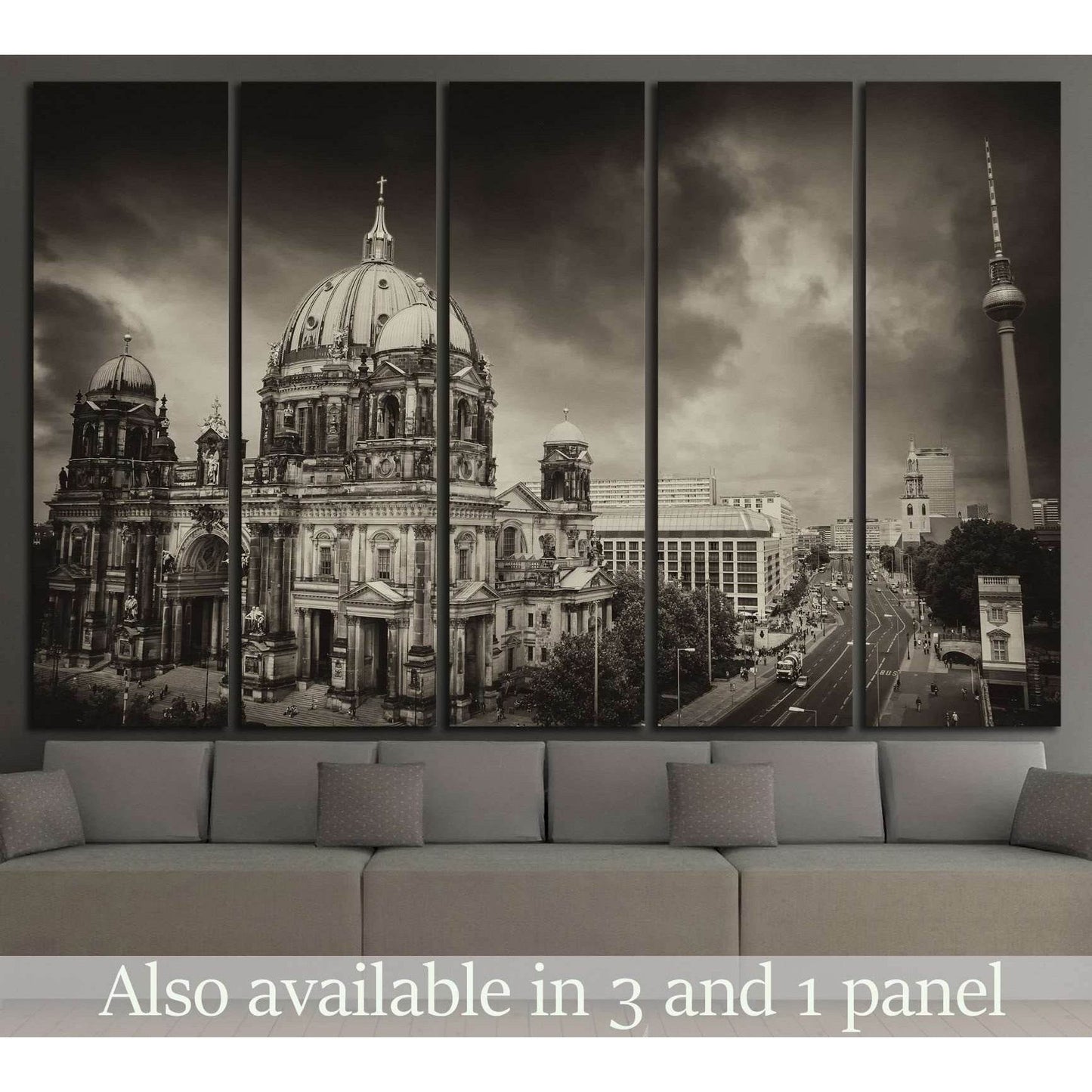 Sepia Berlin Cathedral and TV Tower multi-panel canvas print above a sofa in a modern living room