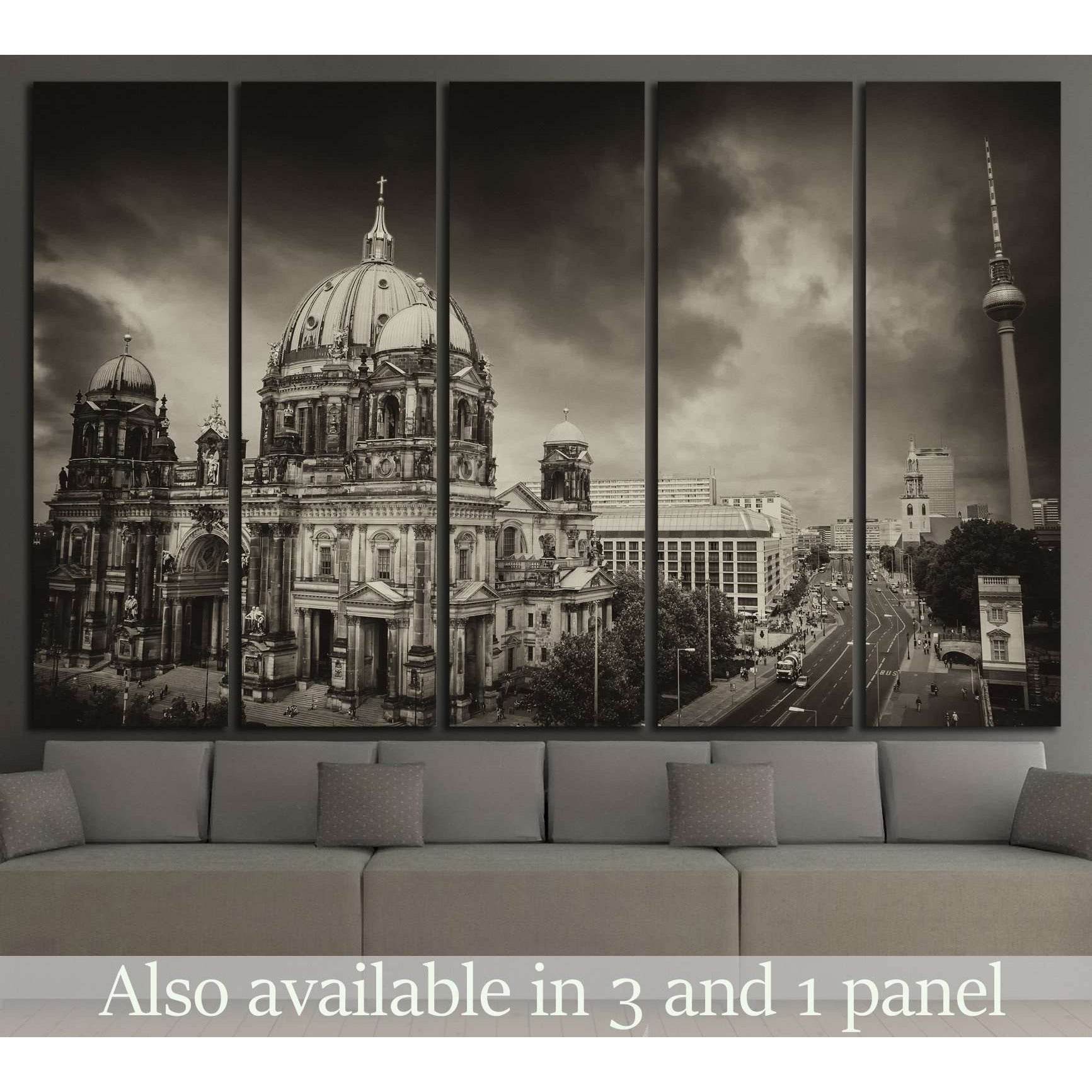 Sepia Berlin Cathedral and TV Tower multi-panel canvas print above a sofa in a modern living room