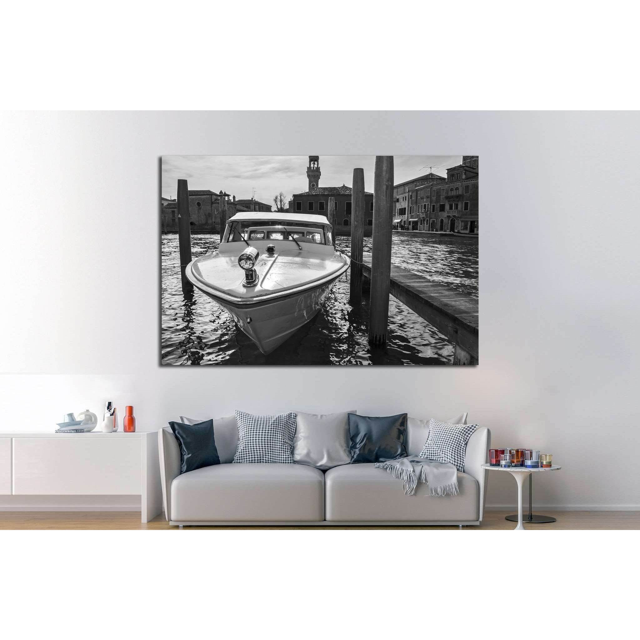 berthed boat on canal in Venice in a sunny day №1414 Ready to Hang Canvas Print