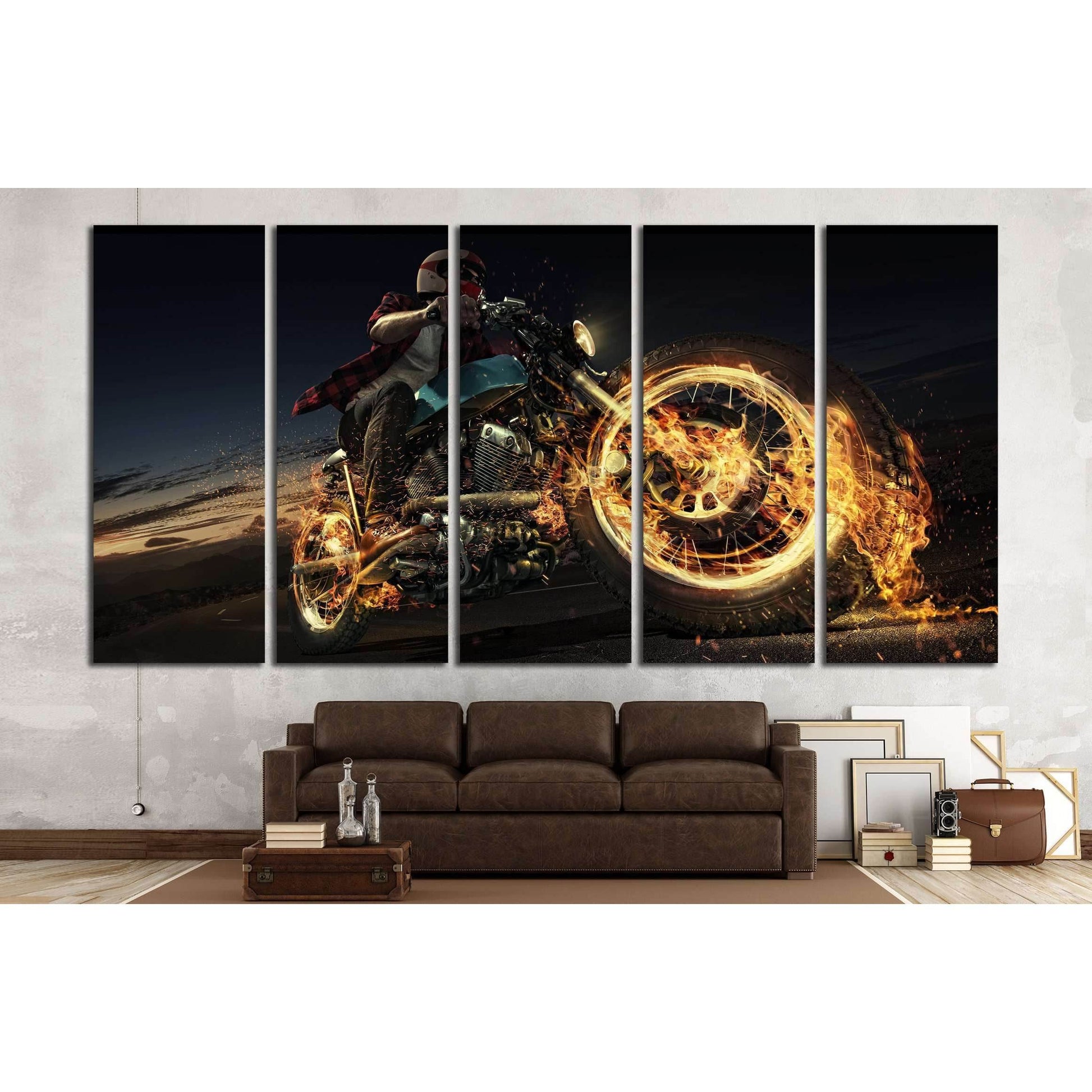 Biker riding motorcycle on an empty road at the night. Fire and energy №1879 Ready to Hang Canvas Print - Zellart Canvas Prints ALL_Products, s-1879