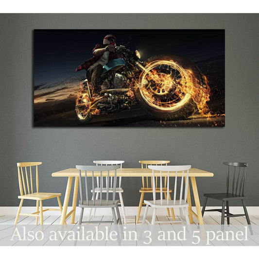 Biker riding motorcycle on an empty road at the night. Fire and energy №1879 Ready to Hang Canvas Print - Zellart Canvas Prints ALL_Products, s-1879