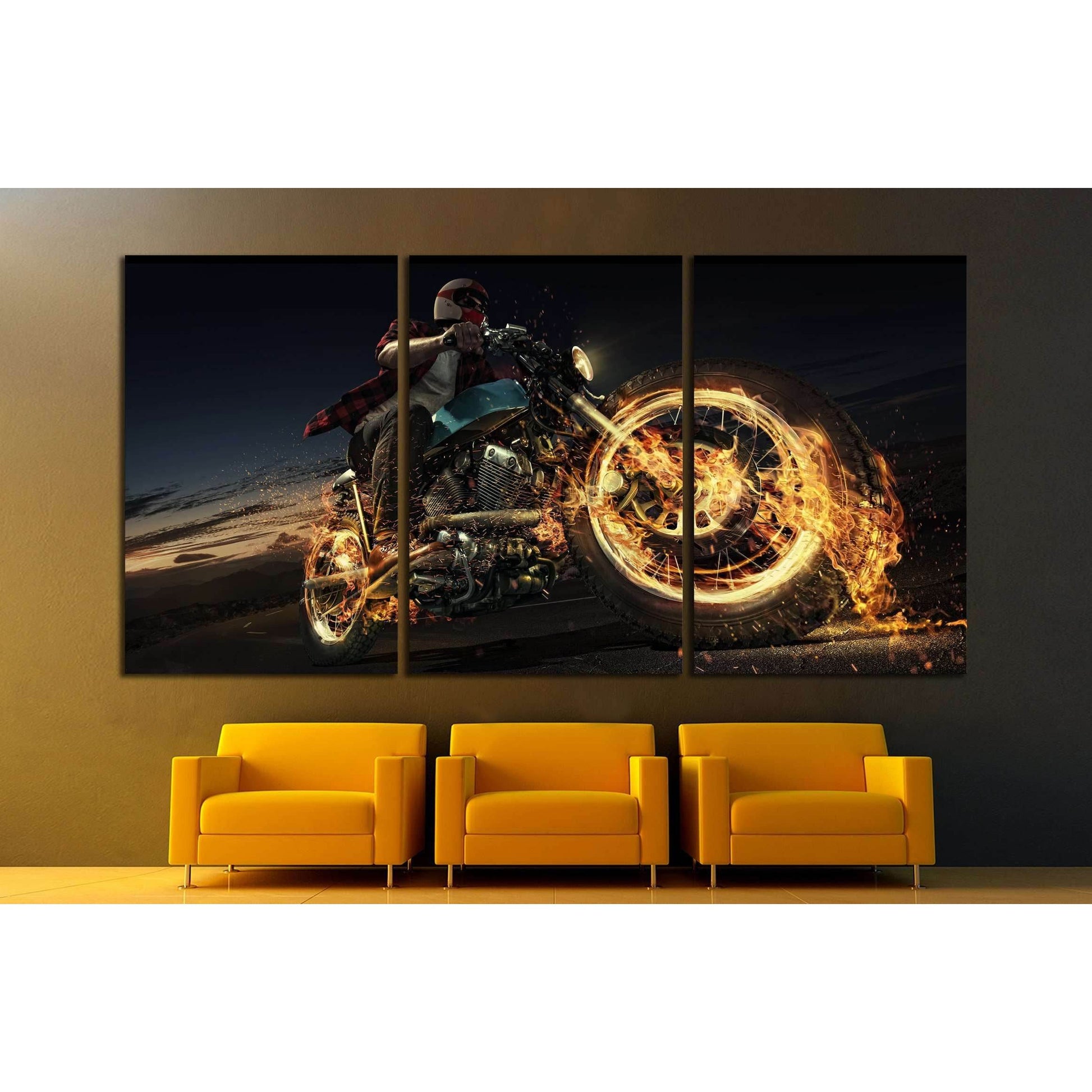 Biker riding motorcycle on an empty road at the night. Fire and energy №1879 Ready to Hang Canvas PrintCanvas art arrives ready to hang, with hanging accessories included and no additional framing required. Every canvas print is hand-crafted, made on-dema