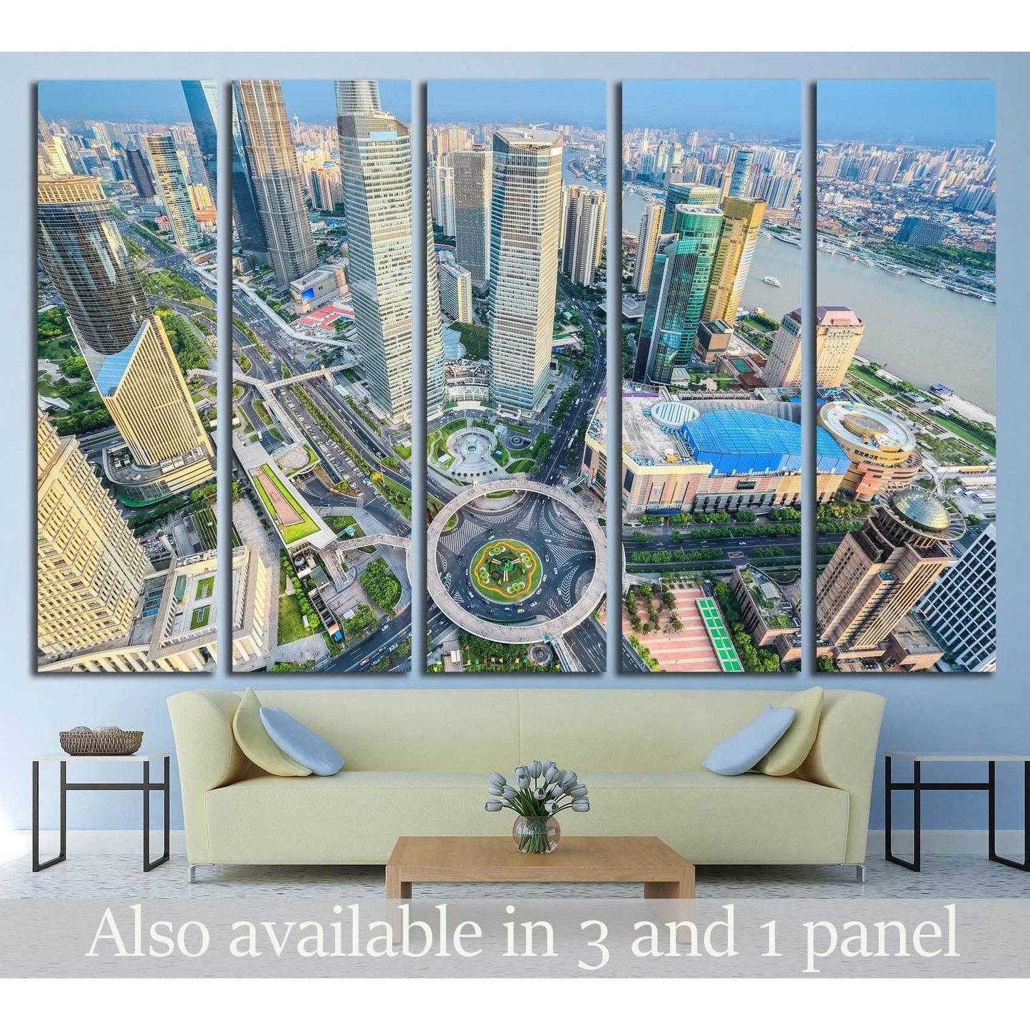 Bird's-eye view of Shanghai Pudong skyscrapers and river as multi-panel canvas print