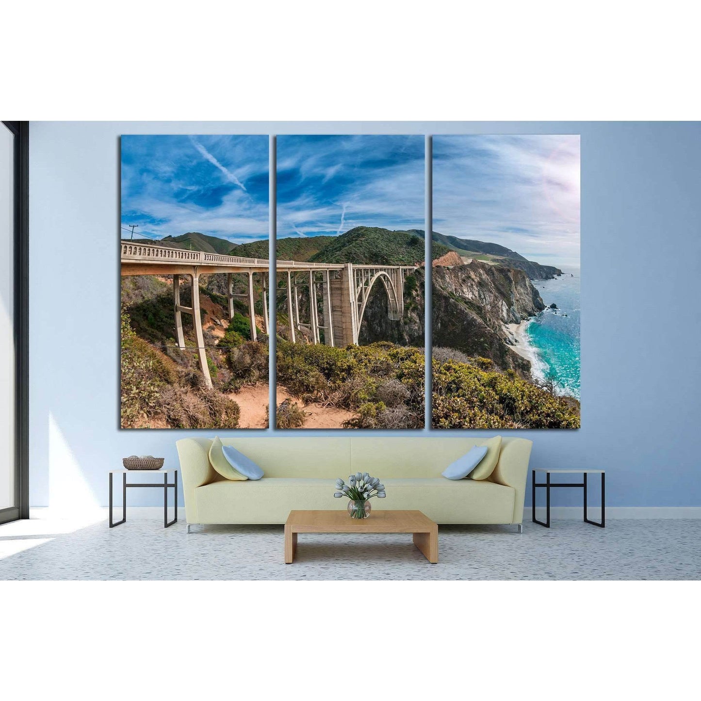 Big Sur's Bixby Bridge Wall Decor - Majestic Pacific Ocean View ArtworkThis canvas print features the iconic Bixby Creek Bridge on California's Big Sur coast, renowned for its stunning architectural beauty and the breathtaking scenery surrounding it. The