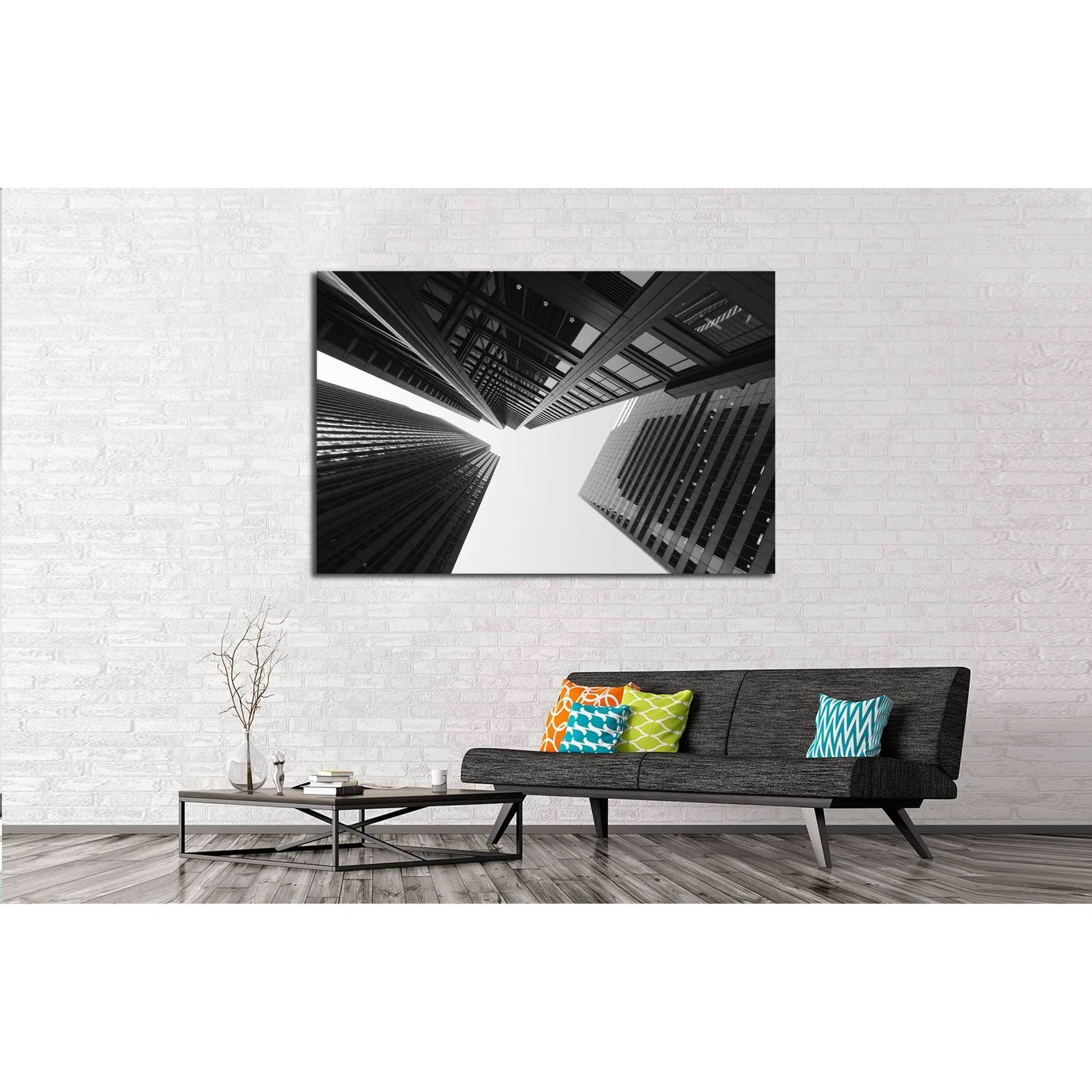 Black and white abstract upward view of downtown skyscrapers №2897 Ready to Hang Canvas PrintCanvas art arrives ready to hang, with hanging accessories included and no additional framing required. Every canvas print is hand-crafted, made on-demand at our
