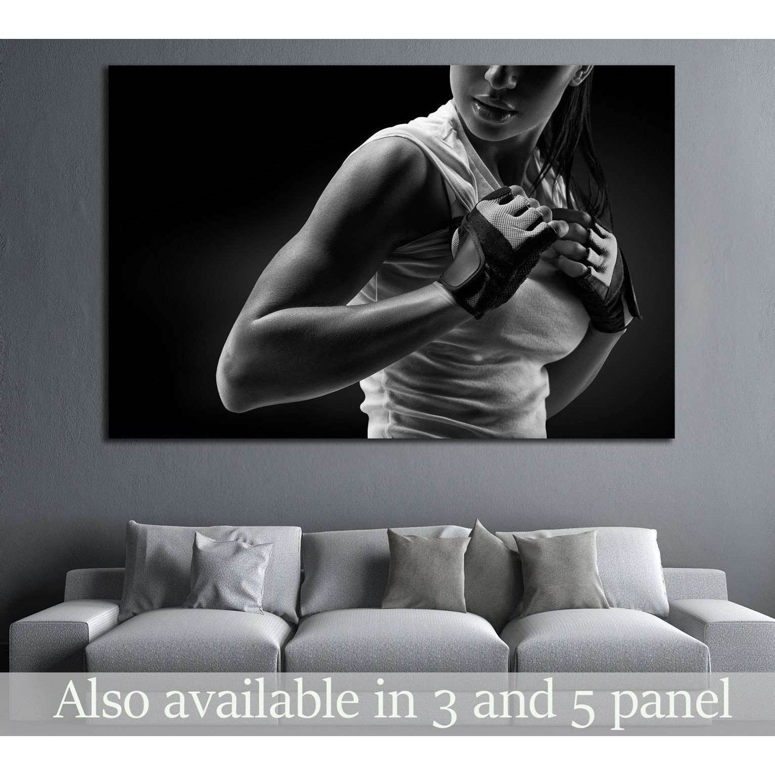 Black and white fitness athletic young woman, deltoid muscle №1386 Ready to Hang Canvas Print - Zellart Canvas Prints ALL_Products, s-1386