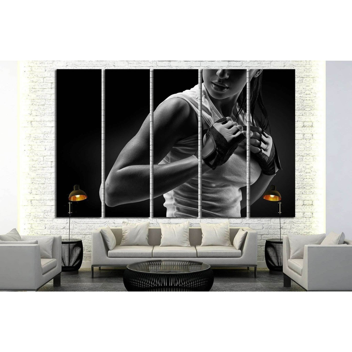 Black and white fitness athletic young woman, deltoid muscle №1386 Ready to Hang Canvas Print - Zellart Canvas Prints ALL_Products, s-1386
