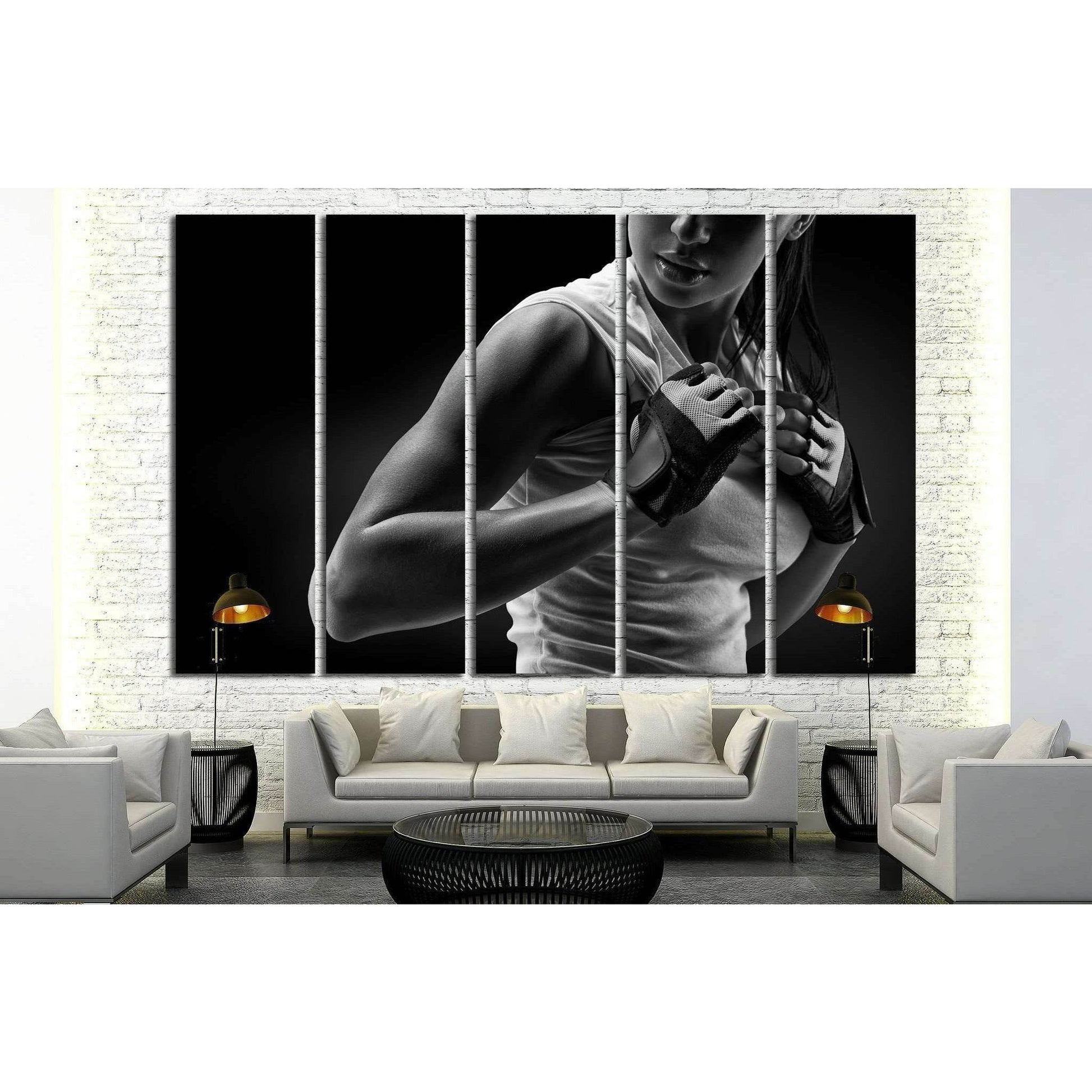Black and white fitness athletic young woman, deltoid muscle №1386 Ready to Hang Canvas Print - Zellart Canvas Prints ALL_Products, s-1386