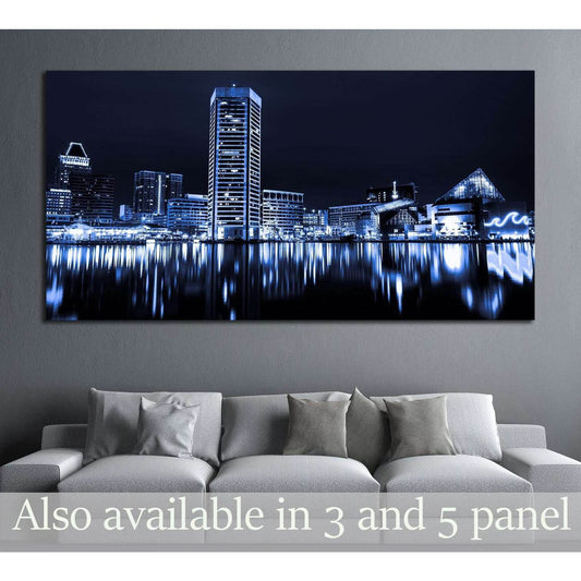 Black and white image of the Baltimore Inner Harbor Skyline at night №2151 Ready to Hang Canvas PrintCanvas art arrives ready to hang, with hanging accessories included and no additional framing required. Every canvas print is hand-crafted, made on-demand