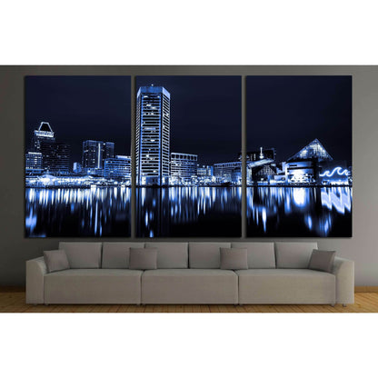Black and white image of the Baltimore Inner Harbor Skyline at night №2151 Ready to Hang Canvas PrintCanvas art arrives ready to hang, with hanging accessories included and no additional framing required. Every canvas print is hand-crafted, made on-demand