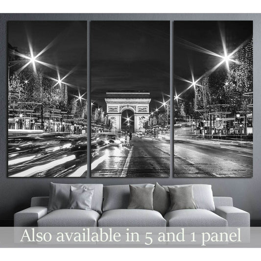 Black and White Paris Evening traffic on Champs-Elysees in front of Arc de Triomphe №2650 Ready to Hang Canvas Print - Zellart Canvas Prints ALL_Products, s-2650