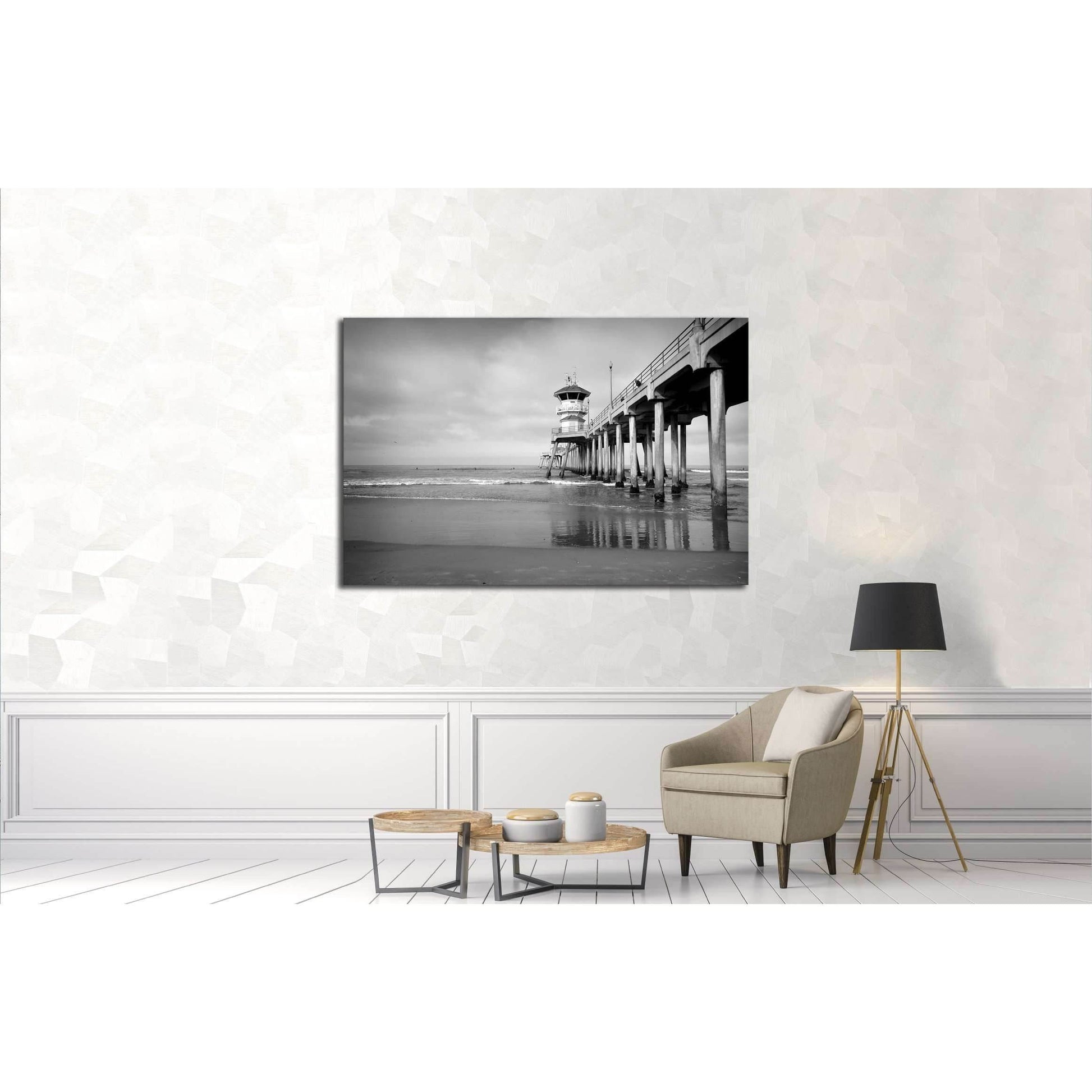 black and white photo of ocean pier with small waves №3209 Ready to Hang Canvas PrintCanvas art arrives ready to hang, with hanging accessories included and no additional framing required. Every canvas print is hand-crafted, made on-demand at our workshop