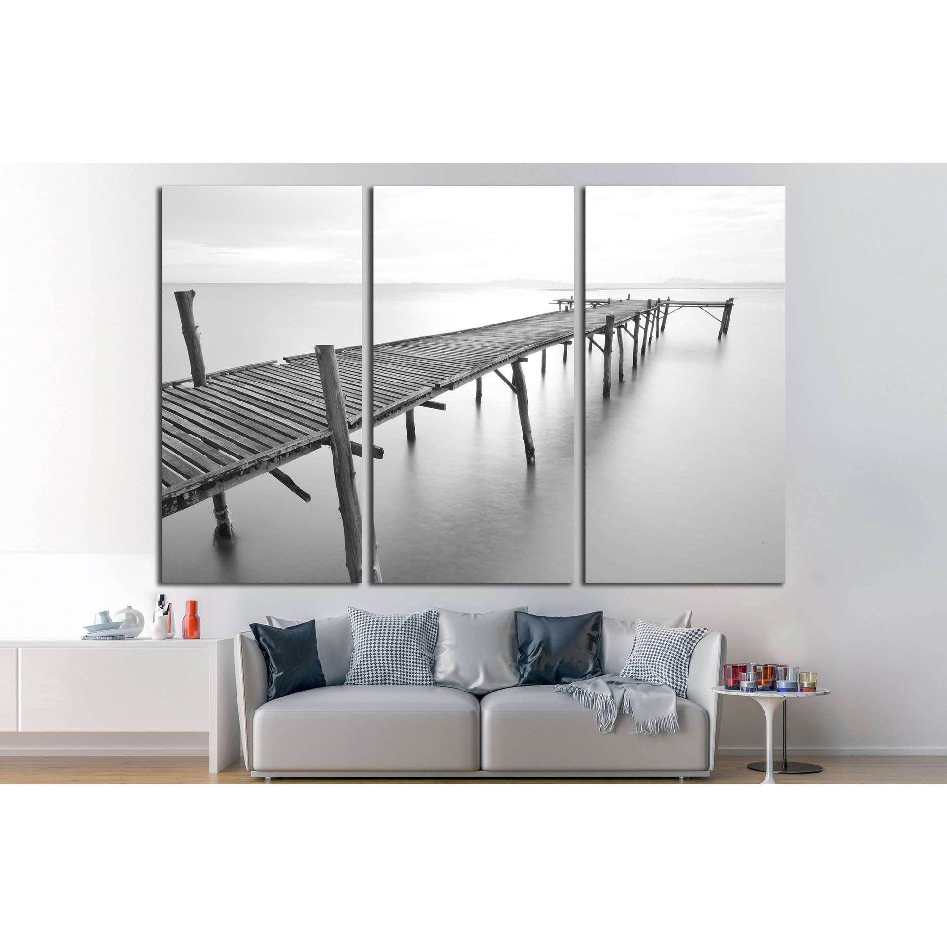black and white picture of old bridge to the sea. №2672 Ready to Hang Canvas PrintCanvas art arrives ready to hang, with hanging accessories included and no additional framing required. Every canvas print is hand-crafted, made on-demand at our workshop an