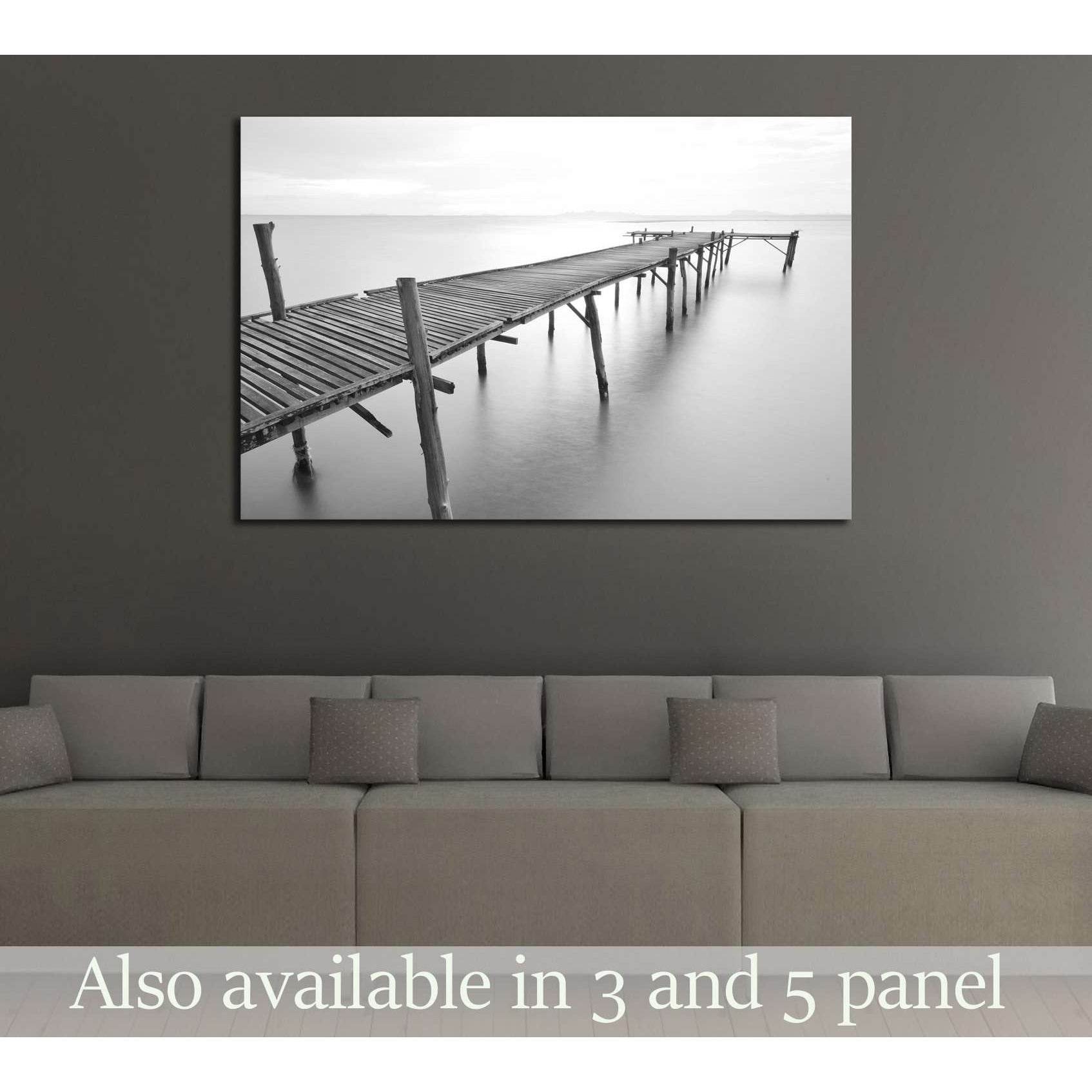 black and white picture of old bridge to the sea. №2672 Ready to Hang Canvas Print - Zellart Canvas Prints ALL_Products, s-2672