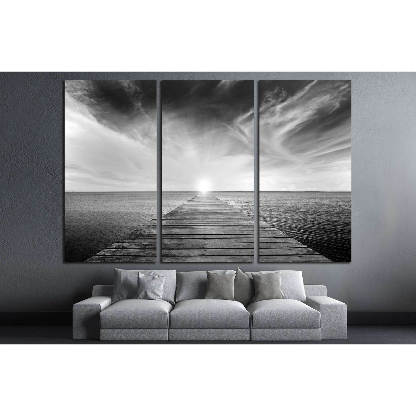 black and white picture of old bridge to the sea №2689 Ready to Hang Canvas Print - Zellart Canvas Prints ALL_Products, s-2689