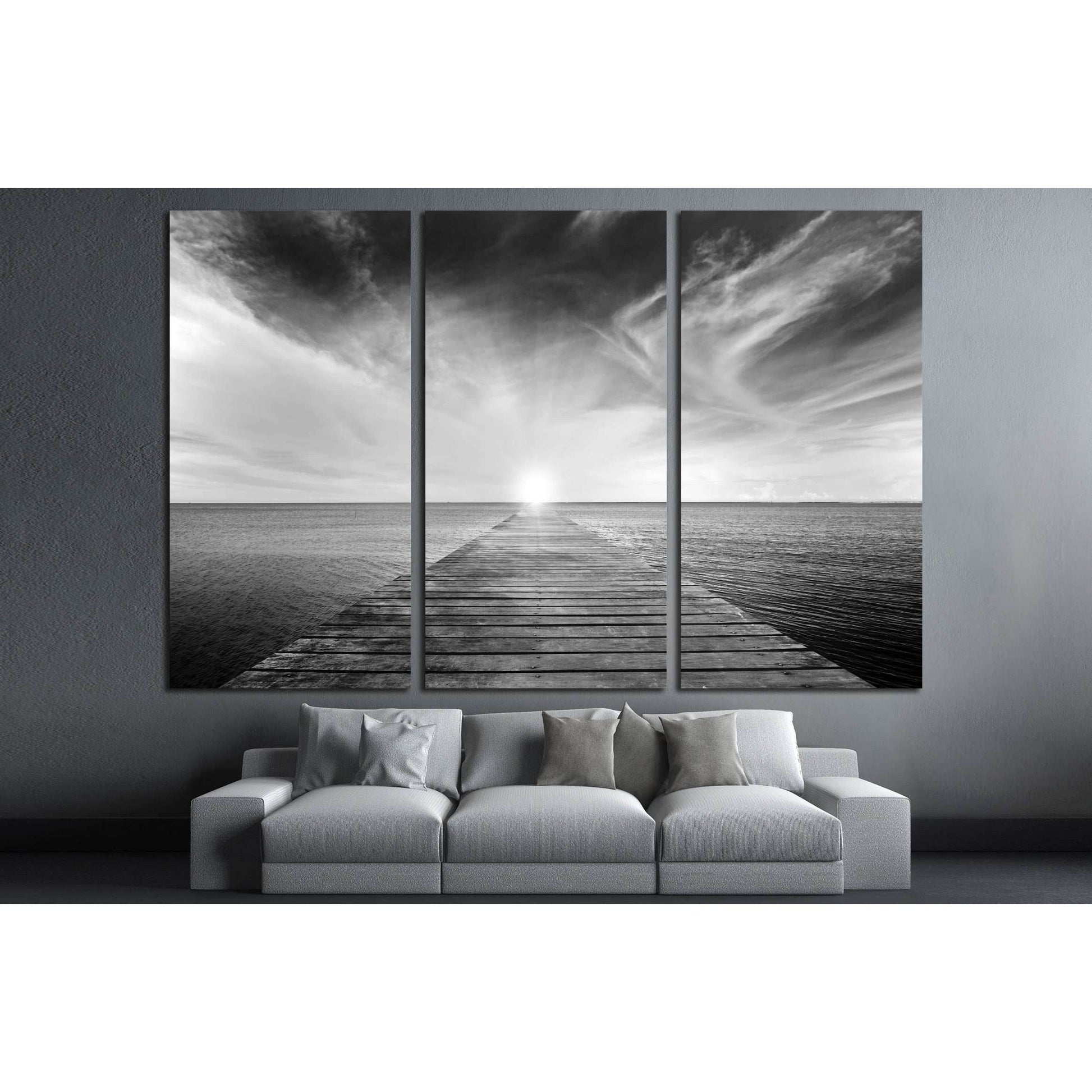 black and white picture of old bridge to the sea №2689 Ready to Hang Canvas Print - Zellart Canvas Prints ALL_Products, s-2689