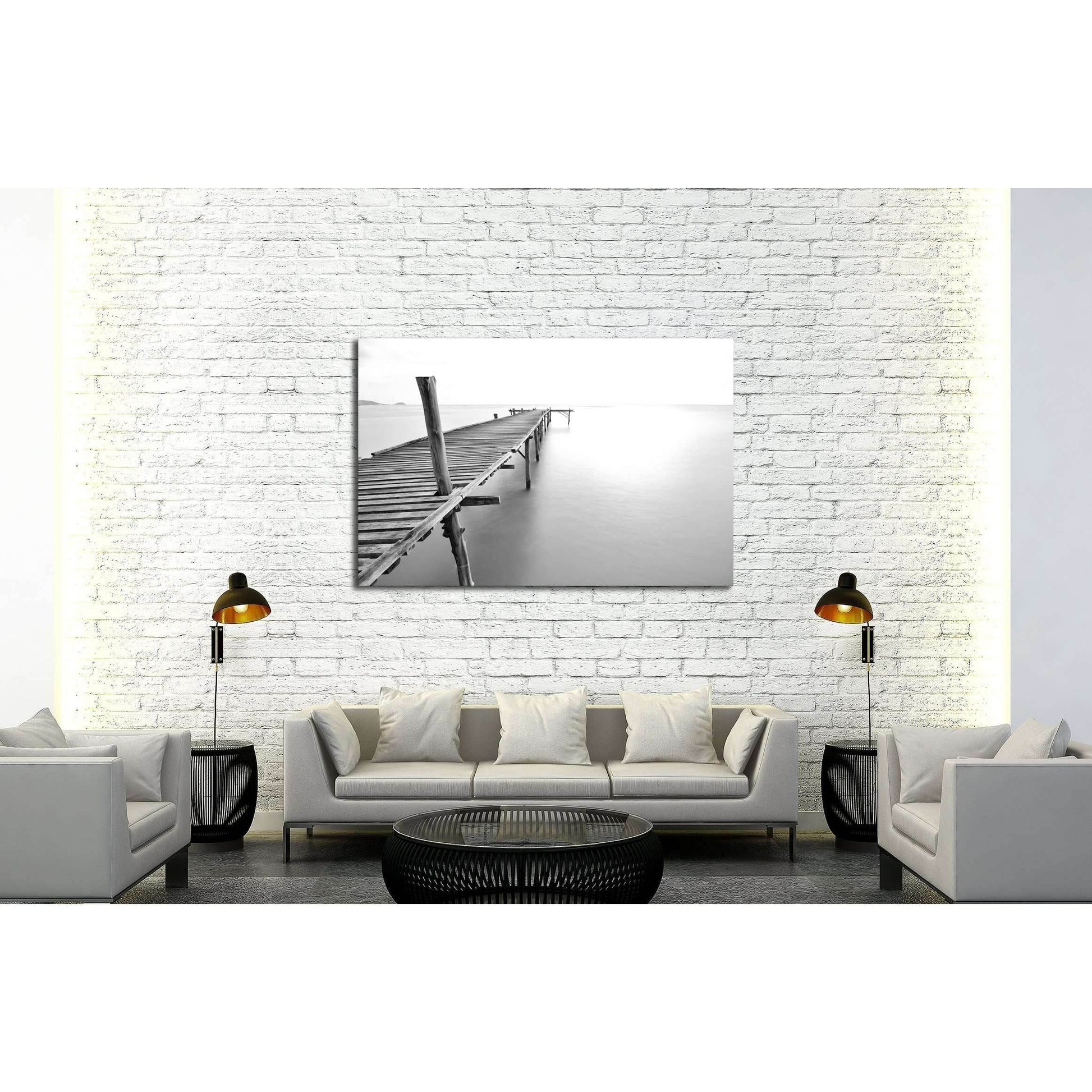 black and white picture of old bridge to the sea №3123 Ready to Hang Canvas PrintCanvas art arrives ready to hang, with hanging accessories included and no additional framing required. Every canvas print is hand-crafted, made on-demand at our workshop and