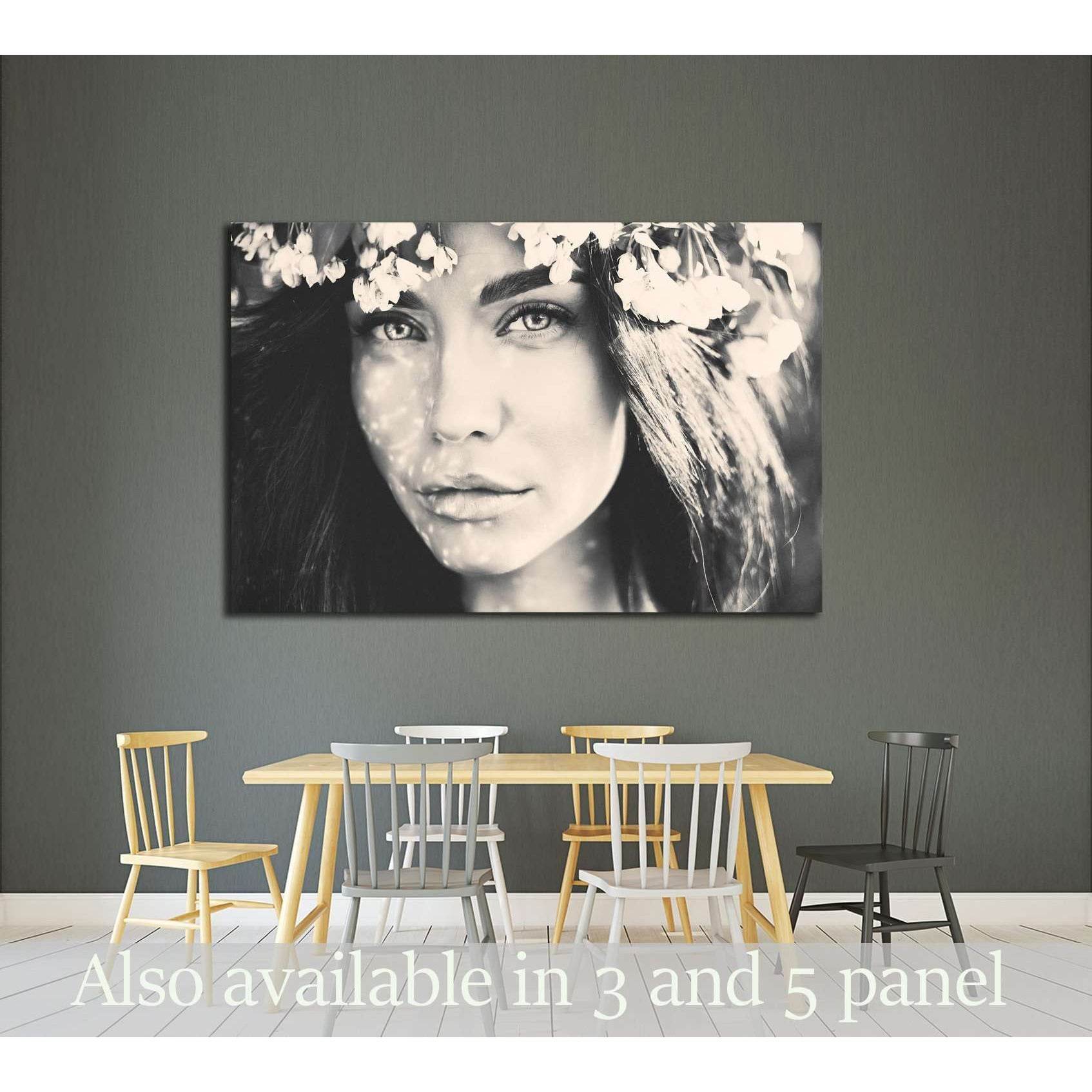 Black and white portrait of beautiful romantic lady in a wreath of apple trees №2778 Ready to Hang Canvas Print